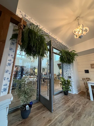 Glass entry doors flanked by hanging ferns and blue floral wallpaper, with a small chandelier overhead
